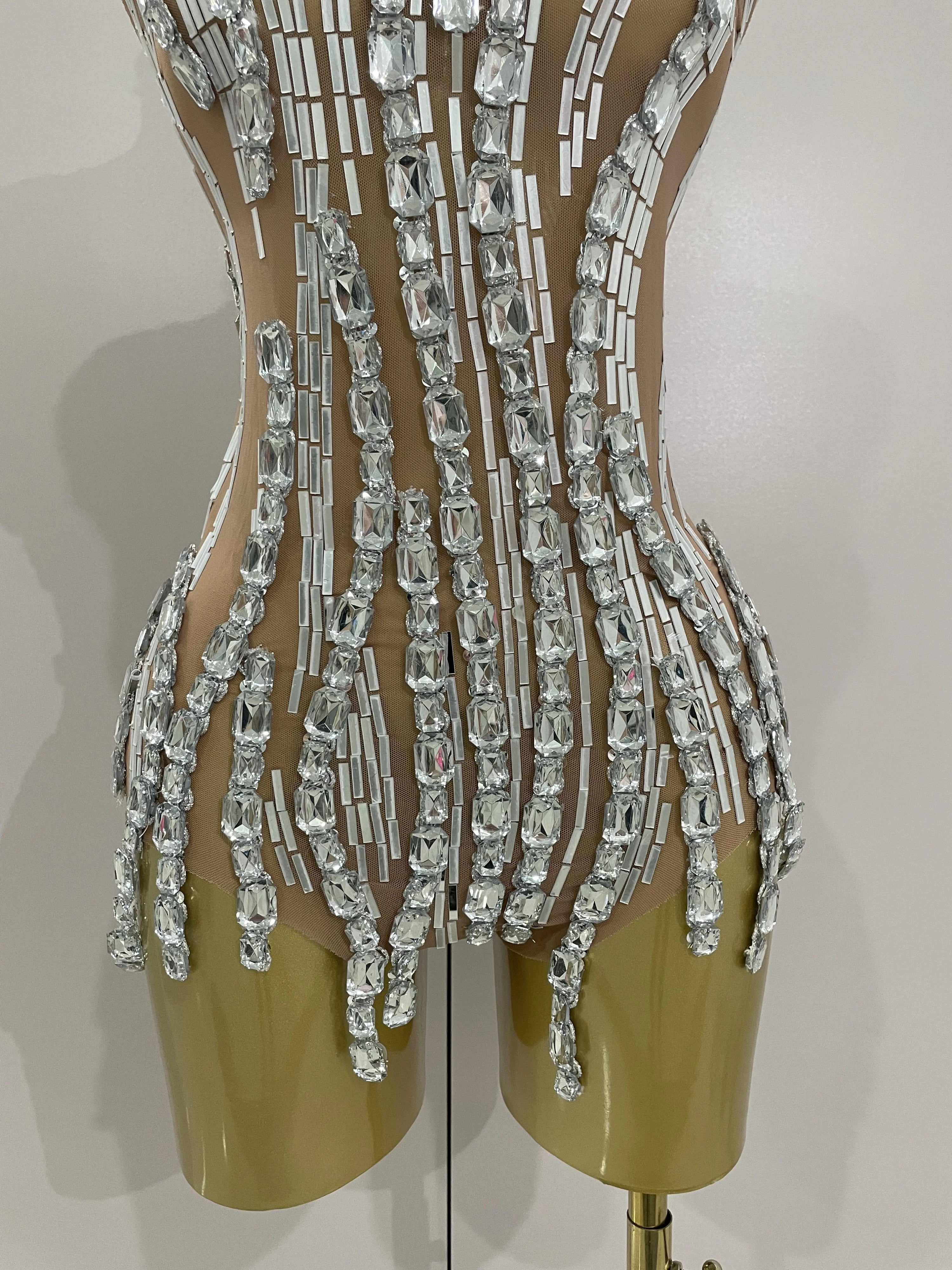 Sparkly Rhinestone Chain Sexy Transparent Sleeveless Bodysuit 2025Women Party Nightclub Team Performance Costume Show Stage Wear