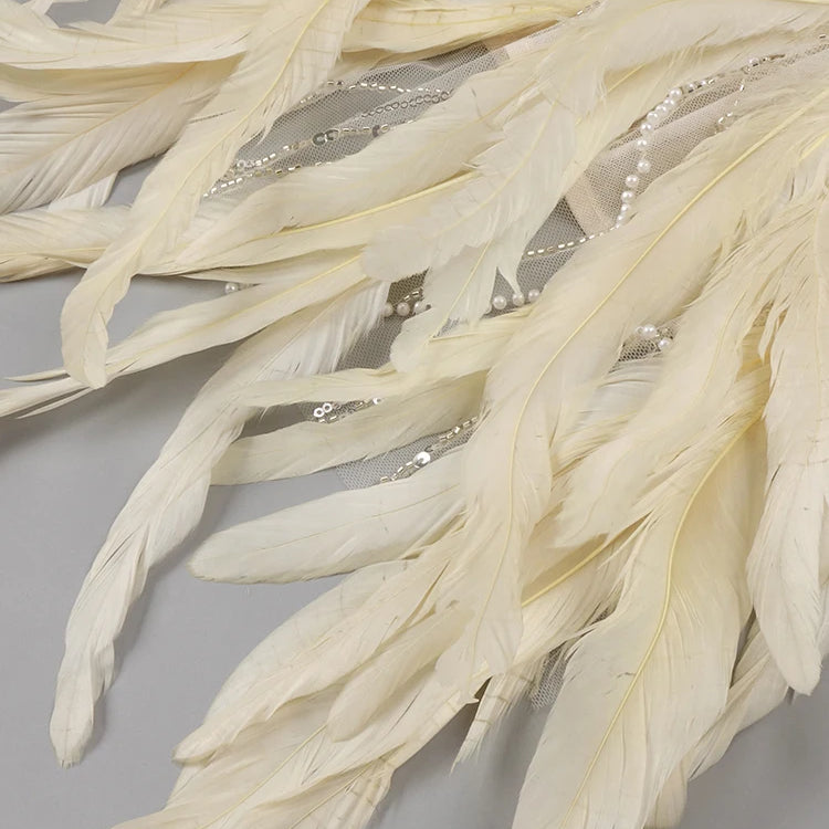 Nude Strapless Crystals Embellished Long Dress Sheath Low V Neck Sleeveless Feather High Side Slit Floor Length Evening Gown