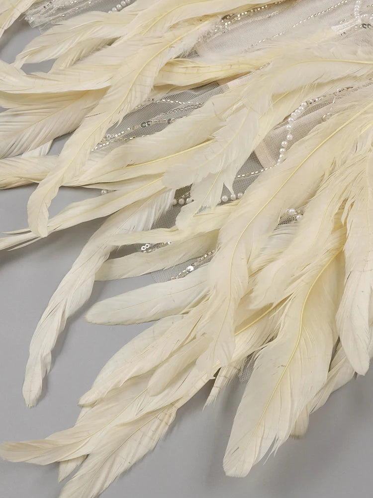 Nude Strapless Crystals Embellished Long Dress Sheath Low V Neck Sleeveless Feather High Side Slit Floor Length Evening Gown