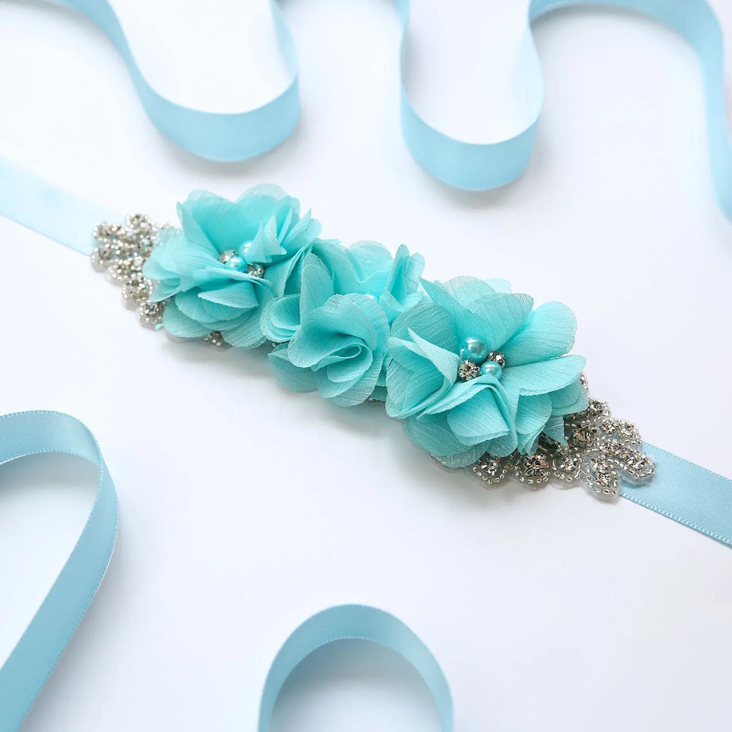 Wedding Accessories Bridal Belts Satin Flower Sash Woman Girl Belts Flower Bead Belts Floral Belt Wedding Rhinestone Flower Belt 2-Tiffany Blue