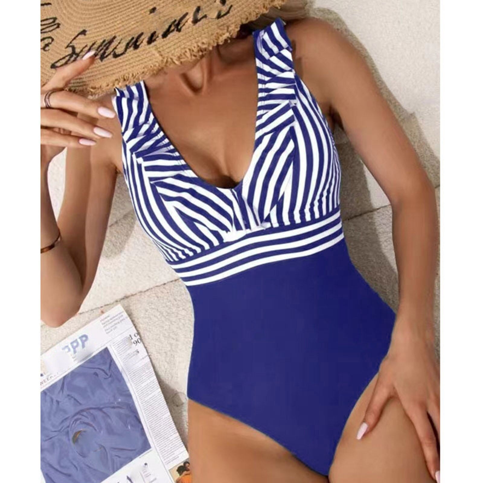 Sexy One Piece Swimsuit High Cut Floral Printed Swimwear Summer Fashion B-Blue
