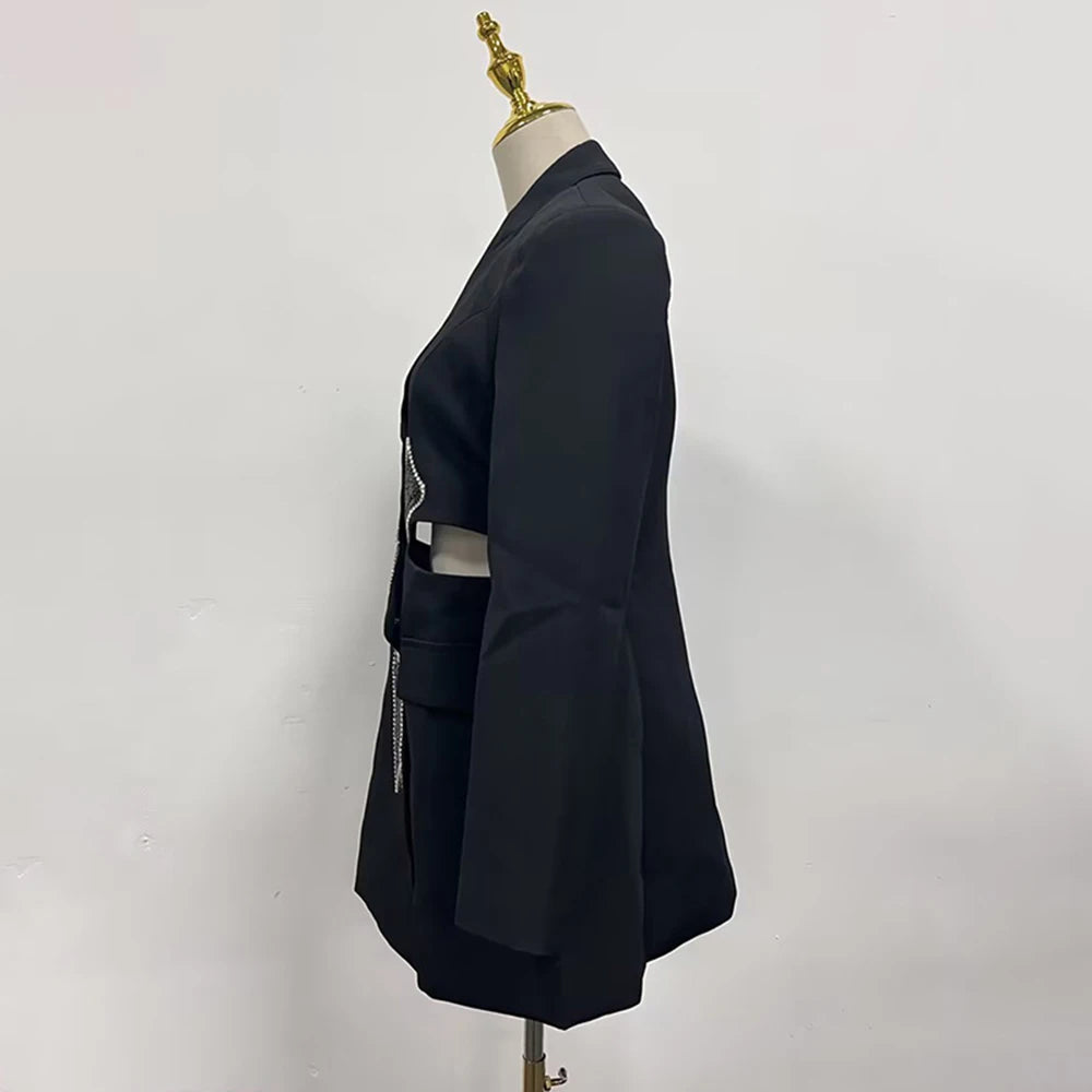 Solid Hollow Out Spliced Bow Fashion Jackets for Women Lapel Long Sleeves Patchwork Button Jacket Female Clothing