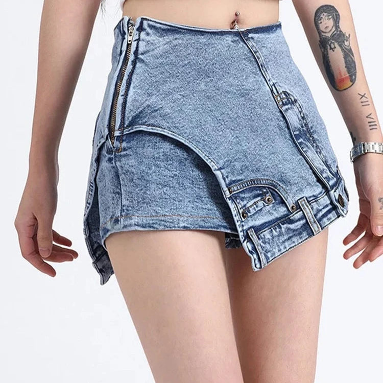 Patchwork Pocket Irregular Chic Denim Shorts For Women High Waist Spliced Zipper Designer Short Pants Female New