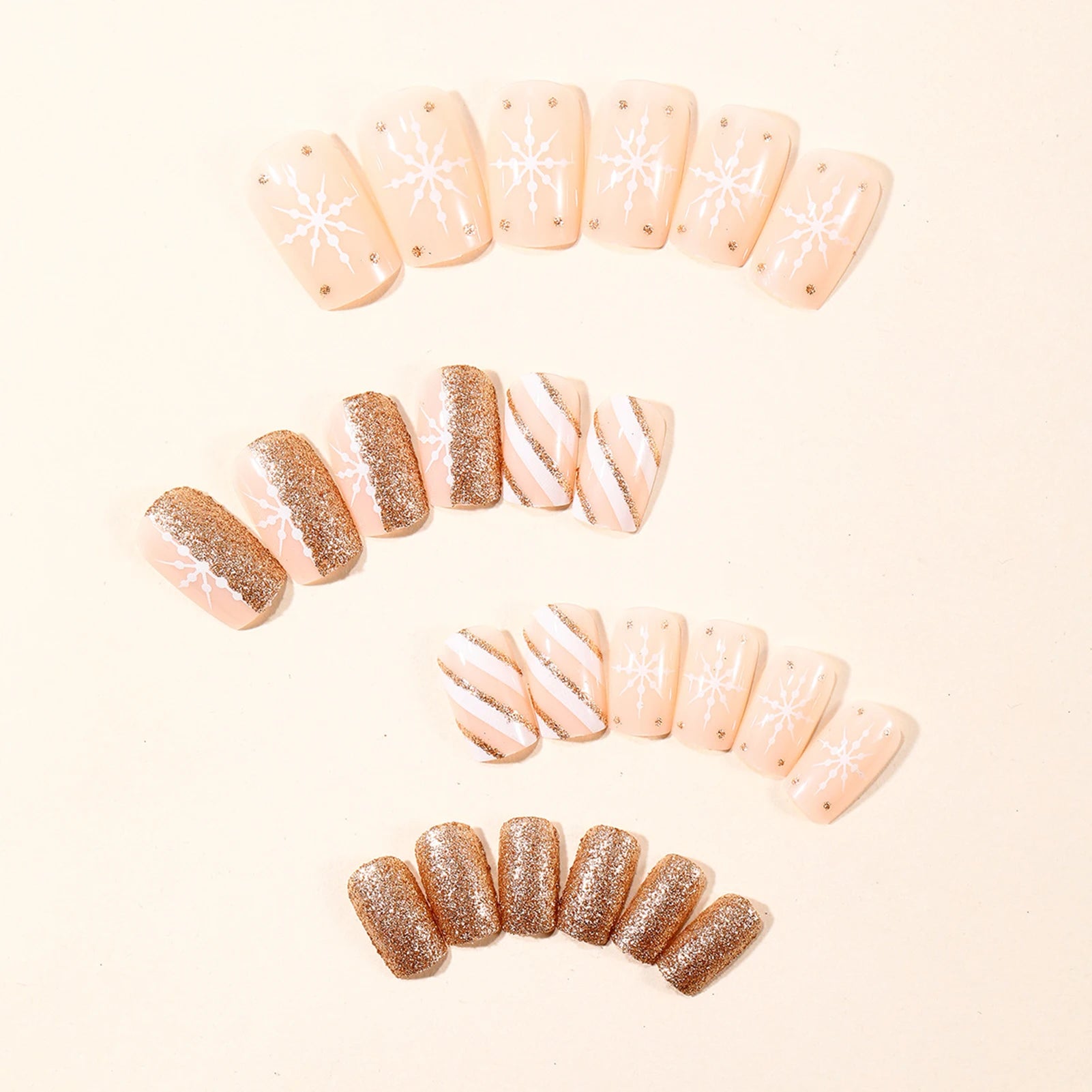 24Pcs Gold Sequins Fake Nails Nude Color Short Square Press On Nails Snowflake Printed Women Christmas Party False Nails Art
