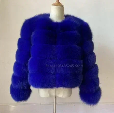 Women's Fashion Faux Fur Coat Super Hot Autumn Winter Women Short Faux Fox Fur Fluffy Jacket High Quality 5xl Ladies Furry Coats Deep Blue