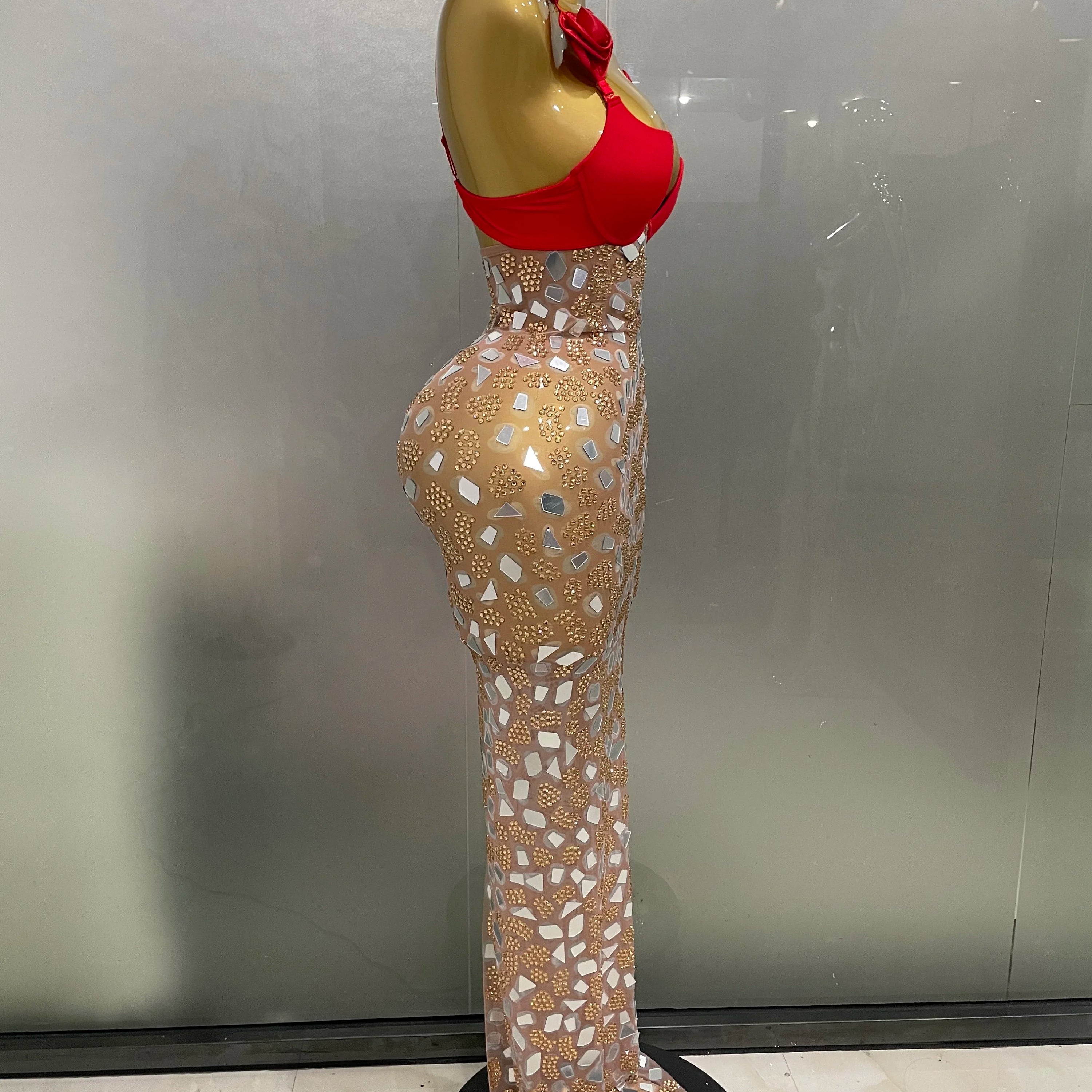 Sexy Sparkly Rhinestones Mesh Mirrors Red Roses Long Dress 2025 New Women Elegant Evening Party Club Stage performance Costume