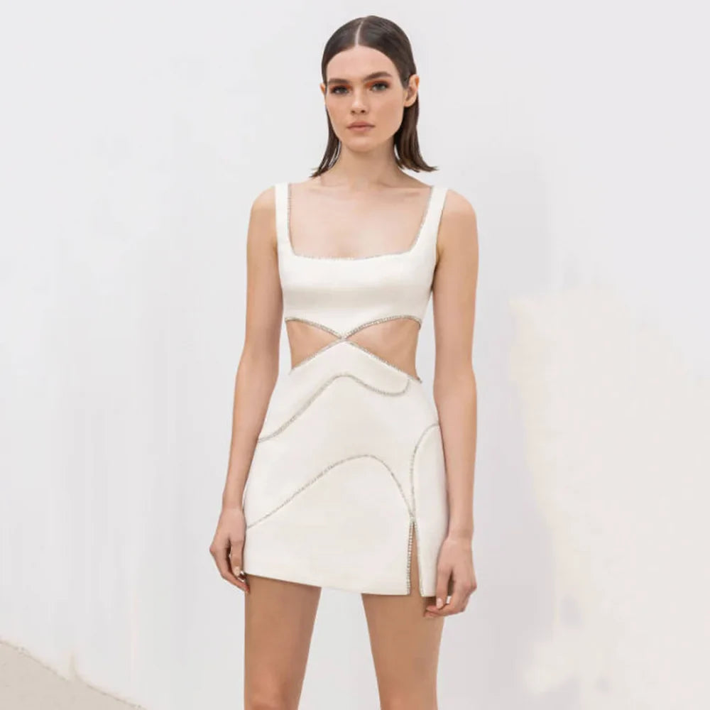 Ailigou 2023 New Summer Women'S White Sexy Luxury Diamond Cut-Out Vest Club Clothing Fashion Sleeveless Mini Bandage Dress WHITE