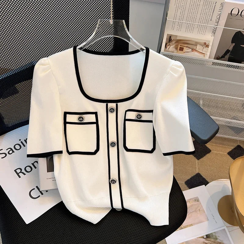Summer Sweater Women's Knit T-shirt Casual Short Sleeve Woman Clothes Versatile Square Collar Lady Pullover Knitwear Tops Jumper White One Size