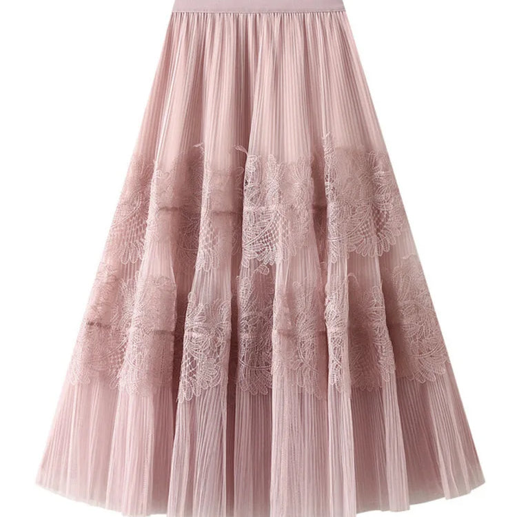 UCXQ New Products Sweet Cake Spliced Skirt Lace Pleated Mesh Large Hem A-line Skirts For Women New Spring Autumn 23A7001