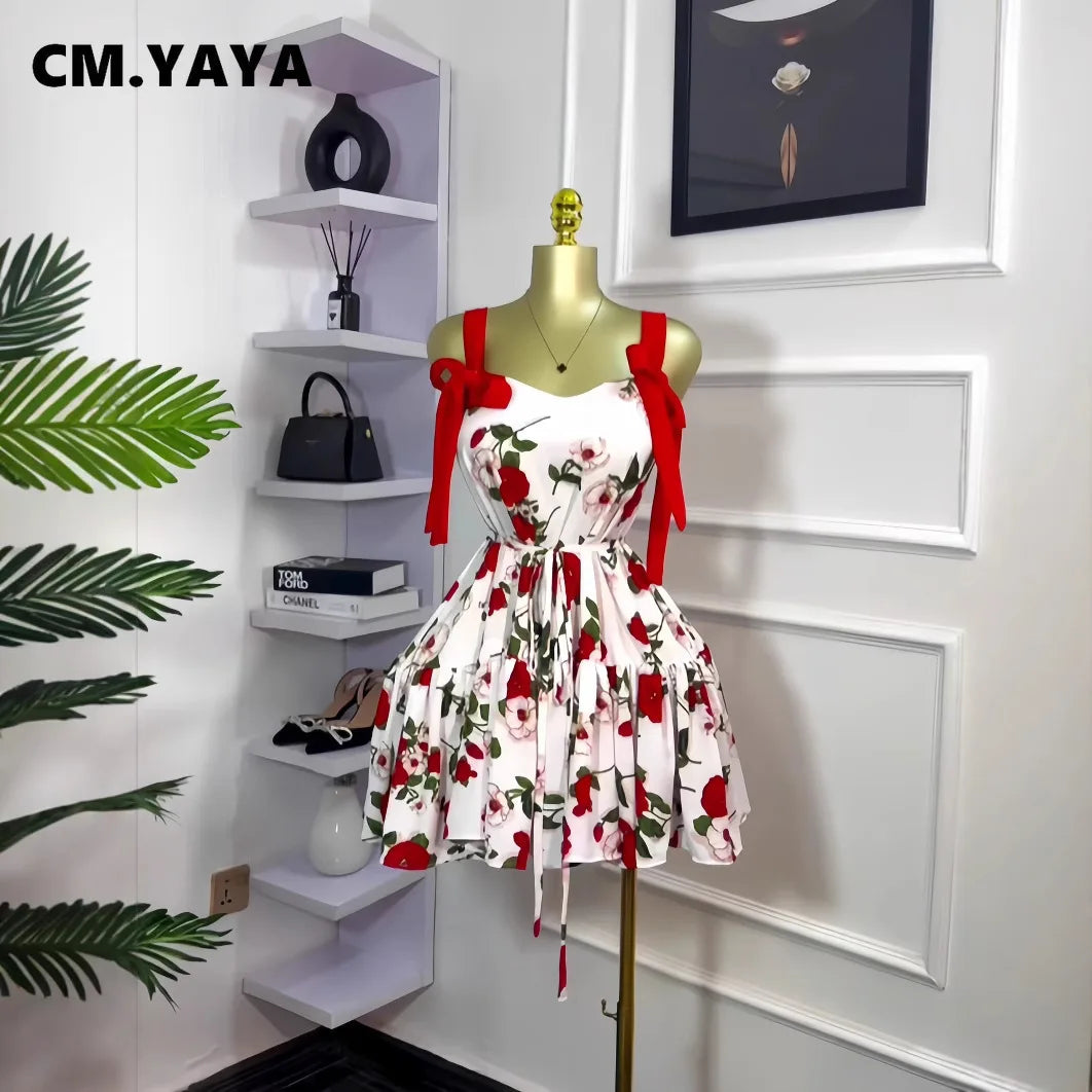 Women Floral Printed Flare Sleeveless Bow Strap Belt Mini Dress 2025 Evening Sexy Beach Party Birthday Street Dresses