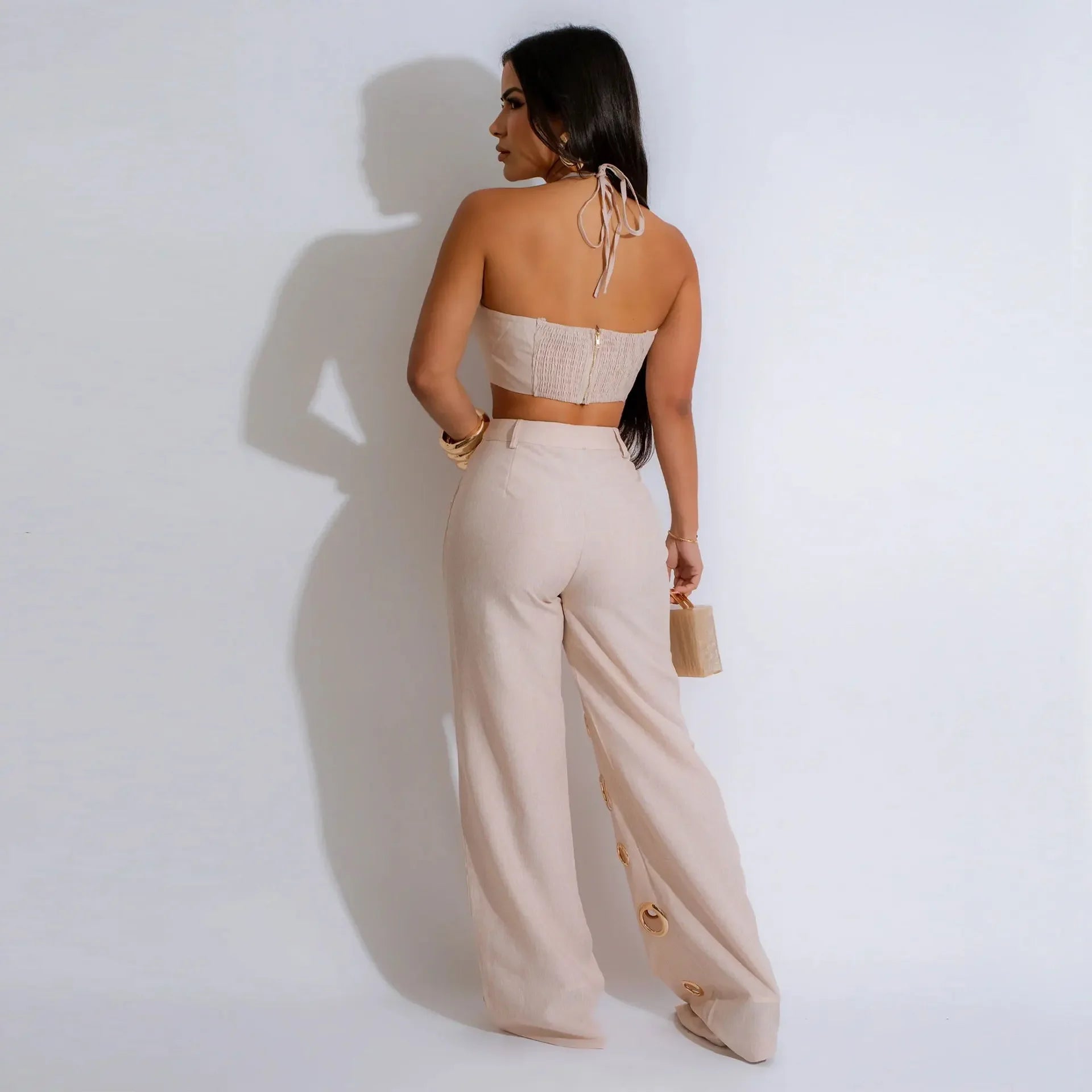 CM.YAYA Women Set Sleeveless Strapless Tops +Wide Leg Pants Two 2 Piece Set Hole Hollow Out Outfit Summer Sexy Street Tracksuit