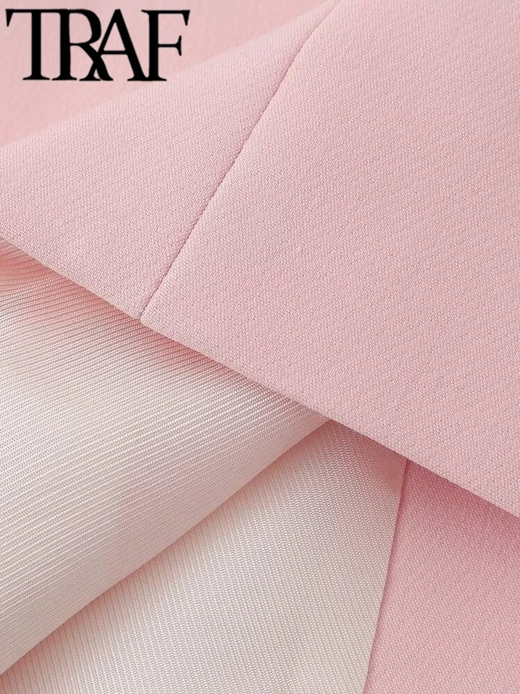 TRAF Spring Elegant Women Pink Y2K Short Blazer Metal Flower Button Long Sleeve Female Suit Jacket Turn Down Collar Tops