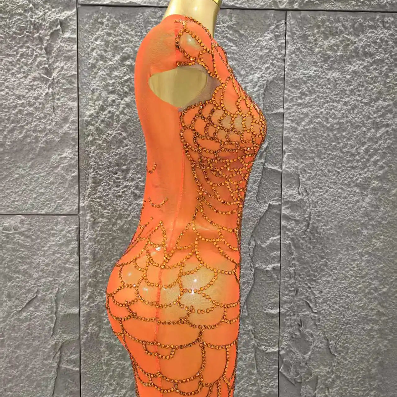 Orange Color Shinning Rhinestones Women Sexy One Shoulder Mesh Bodycon Mini Dress Celebrate Nightclub Party Bar Singer Wear