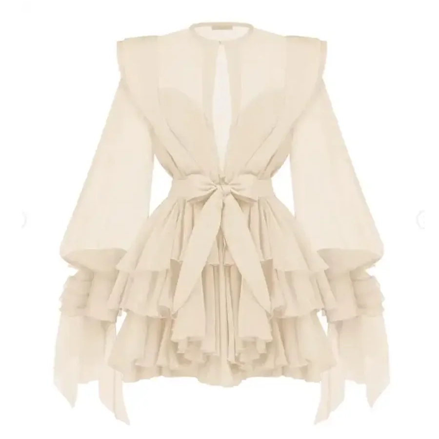 Slimming Spliced Ruffles Folds Dresses for Women Round Neck Long Sleeves Patchwork Button Dress Female Fashion New APRICOT