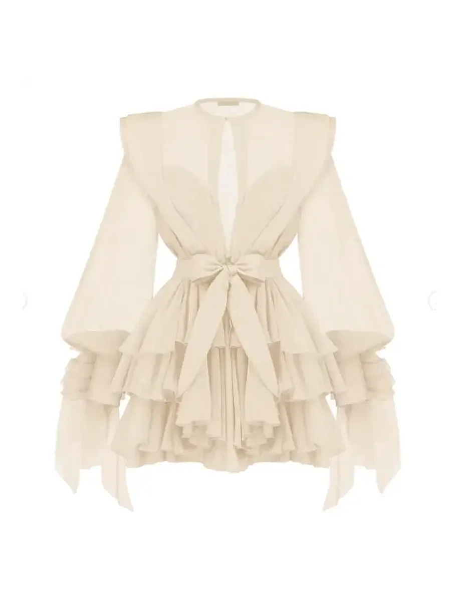 Slimming Spliced Ruffles Folds Dresses for Women Round Neck Long Sleeves Patchwork Button Dress Female Fashion New APRICOT