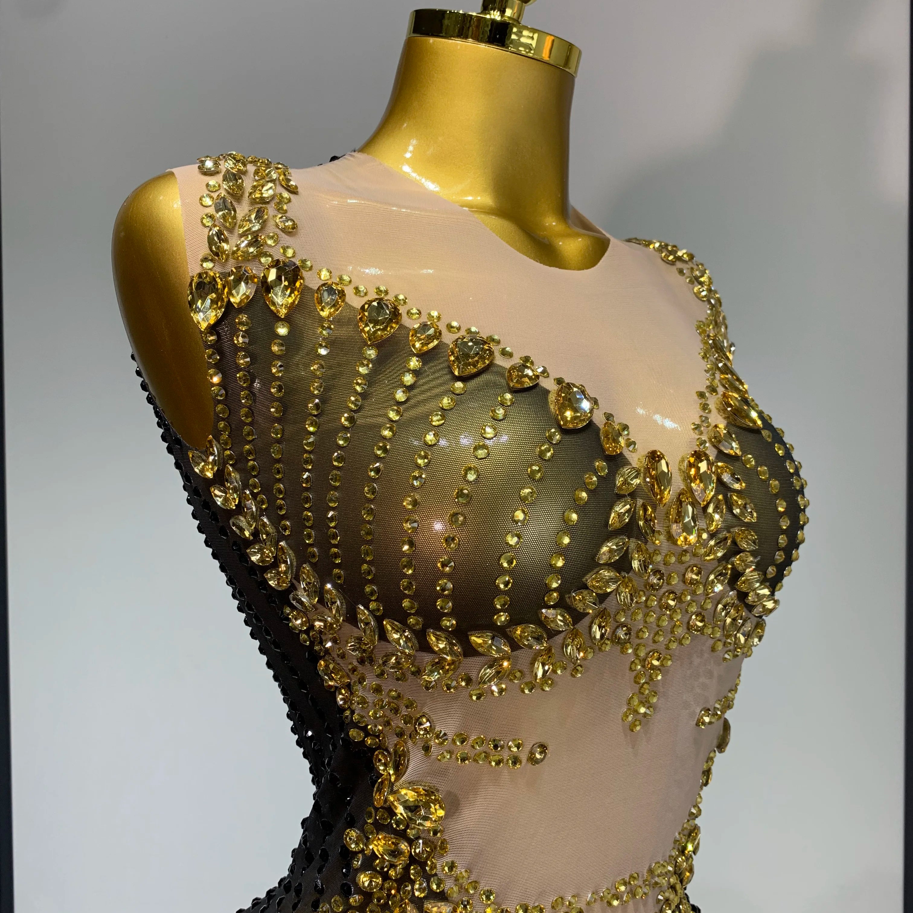 Sparkly Gold Rhinestone Transparent Sleeveless Mini Dress Evening Birthday Celebrate Party Nightclub Dance Performance Outfit