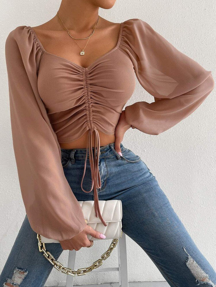 Sexy V-neck Women Blouses Drawstring Long Sleeve Crop Tops Ladies Fashion Summer Short Shirt Woman Clothes Blusas Camisas Mujer coffee