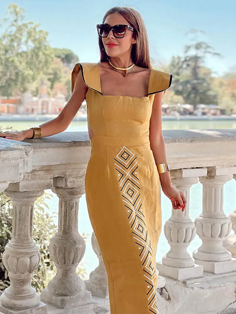 Square Neck Sleeveless Print Maxi Dress For Women Sexy Backless Lace-up Split Dresses Elegant Party Club Female Streetwear Yellow