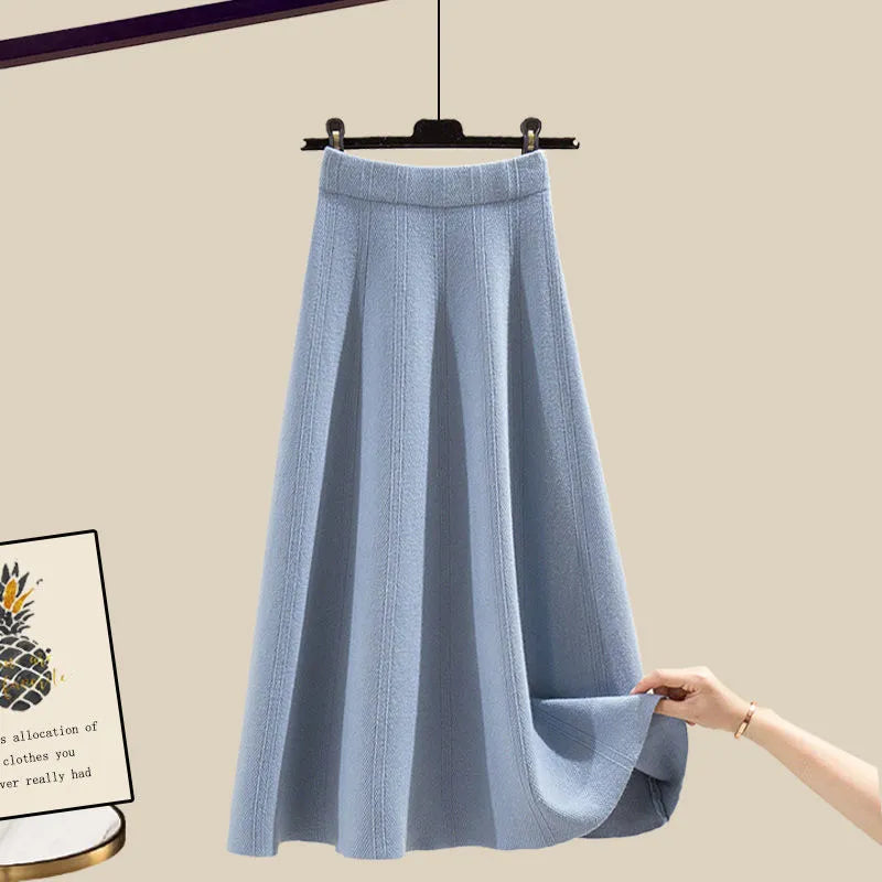 Spring and Autumn Suits Women's Fashion Waist Closing Slim Shawl Shirt Skirt Three Piece Set Blue skirts