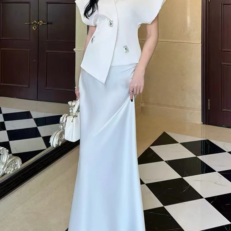 Slimming Elegant Two Piece Sets for Women V Neck Short Sleeves Patchwork Bead Top High Waist Long Skirt Set Female WHITE