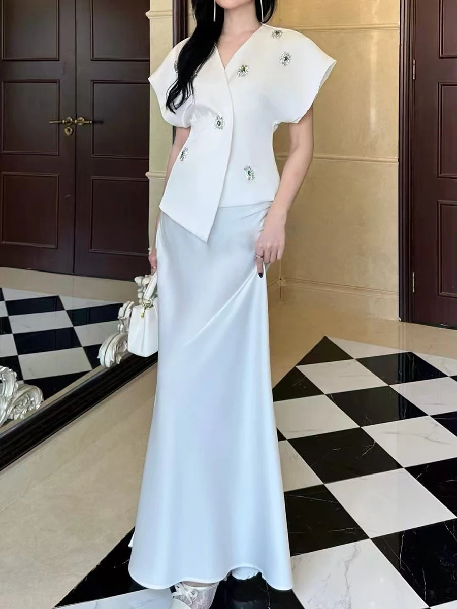 Slimming Elegant Two Piece Sets for Women V Neck Short Sleeves Patchwork Bead Top High Waist Long Skirt Set Female WHITE