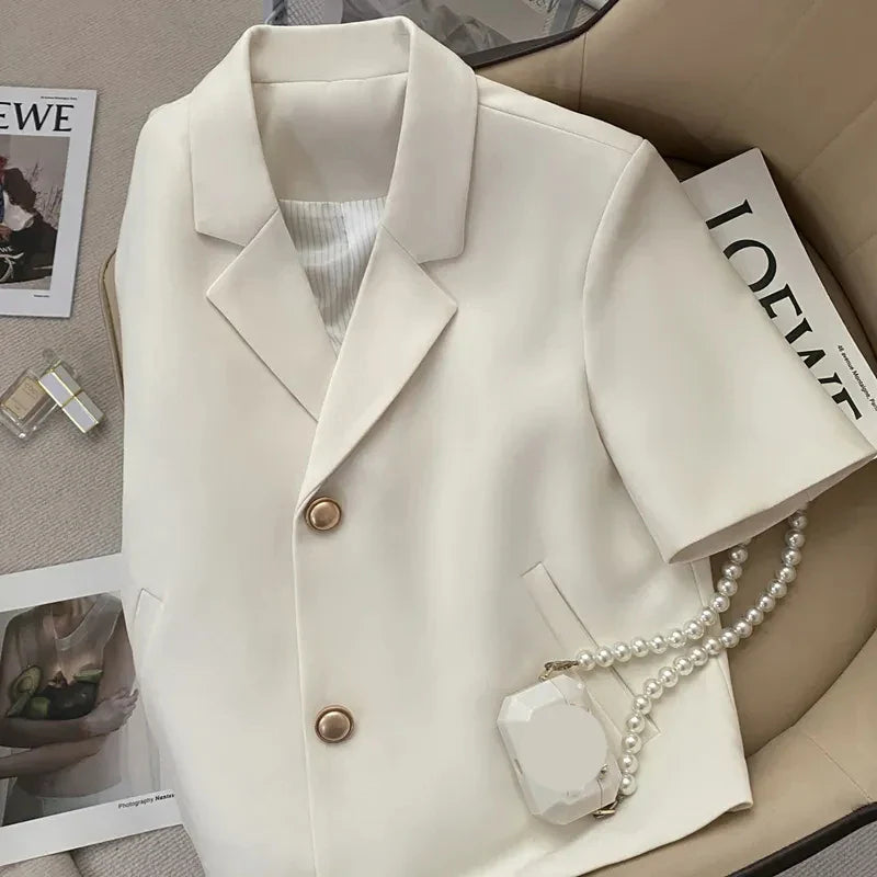 Lucyever Summer Shorts Sleeve Women's Jacket Korean Fashion Notched Neck Office Work Blazer for Women Casual Simple Suit Jackets Beige