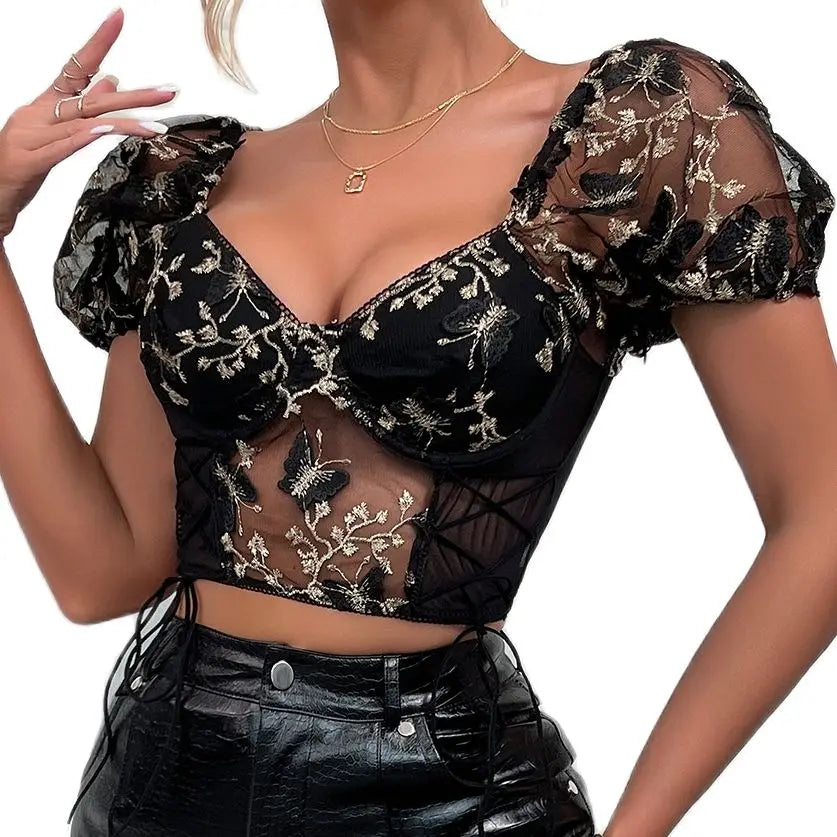 Koltailace Bufferfly Embroidery Puff Sleeve Top Women V Neck Summer Backless Short Sleeve Sexy Cropped Top Blouse fullblack