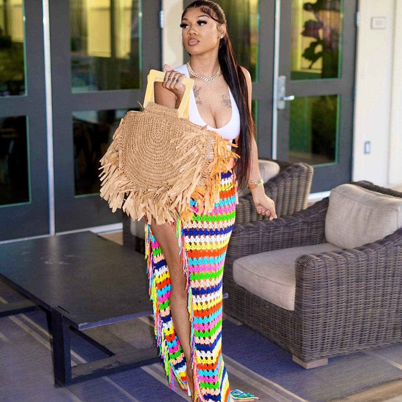 Womens Crochet Beach Cover Up Skirts Sexy High Side Slit Tassel Hem Rainbow Striped Long Maxi Skirt 2024 Summer Vecation Dress