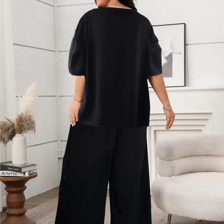 Plus Size Summer 2 Two Piece Set Women Pleated Short Sleeve Modis Casual Ladies Blouses Loose Wide Leg Elastic Waist Woman Pant