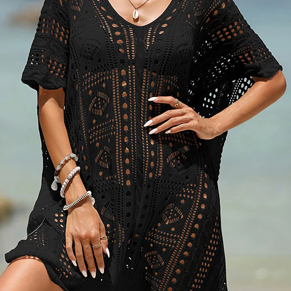 Sexy Knitted Hollow Out Beach Cover Up Midi Dress for Women Solid Sheer Mesh Tunic Ladies Outfits 2023 Summer Bikini Cover-ups