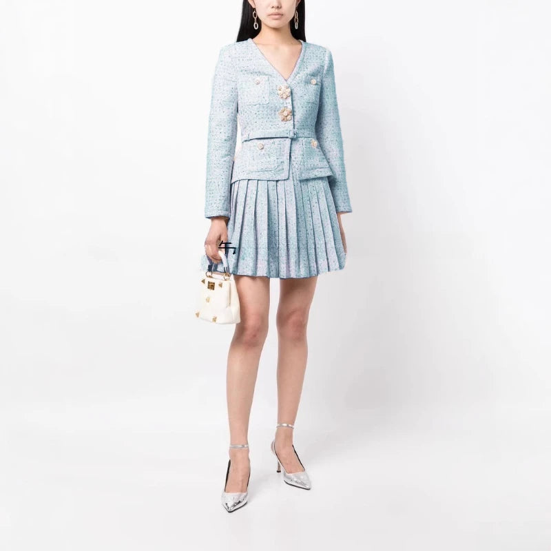 Solid Slimming Two Piece Sets for Women V Neck Long Sleeevs Spliced Button Top High Waist Pleated Skirts Set Female BLUE