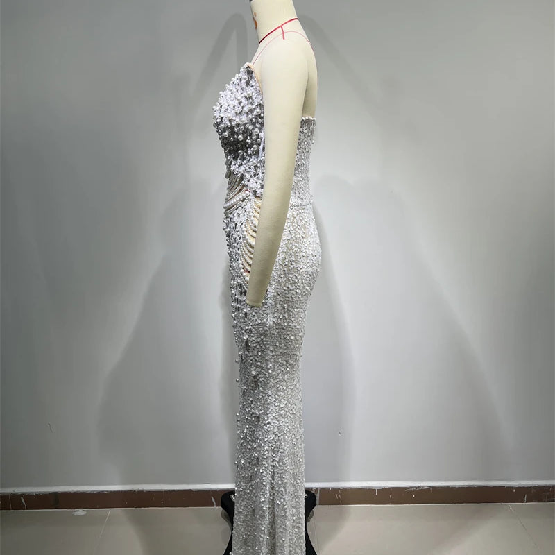 Luxury Pearl String Sexy See Through White Sequins Long Dress Elegant Woman Wedding Party Dress Red Carpet Goddess Vestido