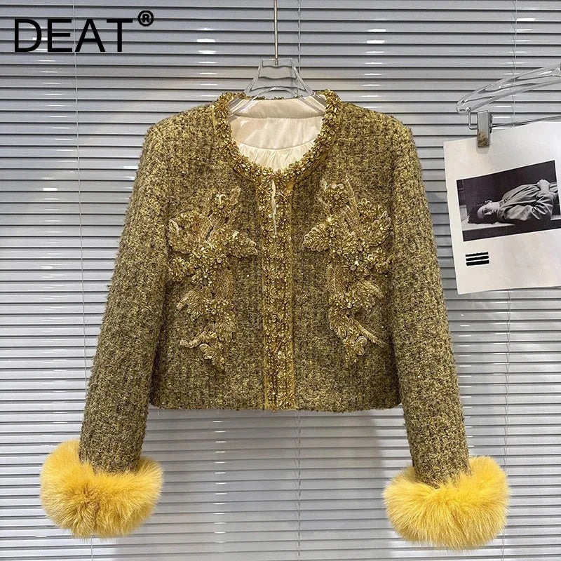 Winter New Fashion Fox Fur Cuff Beaded Embroidery Cotton Inner Short Coat For Women Covered Buttoned Jacket 11A07812