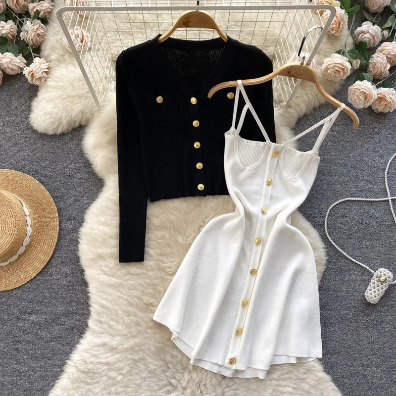 Women Dress Sets Autumn Fashion Spaghetti Straps Mini Dress + Full Sleeve Knitted Coats Lady Y2K Two Piece Suits