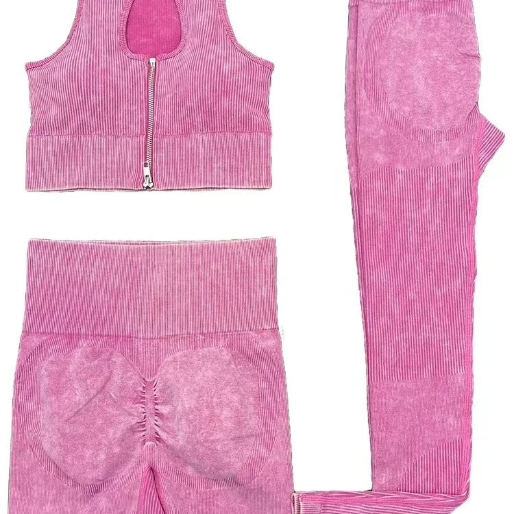 2PCS Seamless Frosted Yoga Sets Sports Fitness Beauty Back Bra High Waist Hip-lifting Leggings Suits Gym Shorts Sets for Women 3PCS Rose