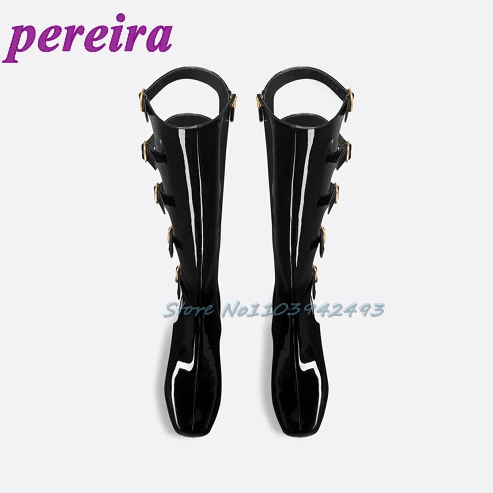 Multi Buckle Strap Heels Strange Style Women Summer Boots Metal Decor Heeled Sandals Square Toe Patent Leather Hollow Sandalias