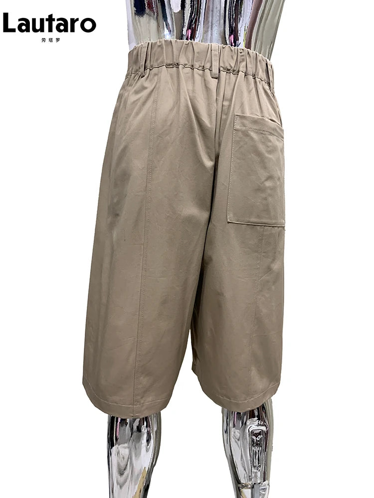 Lautaro Summer Autumn Baggy Khaki Wide Leg Shorts for Men Elastic Waist Loose Luxury Designer European Fashion Clothes 2025