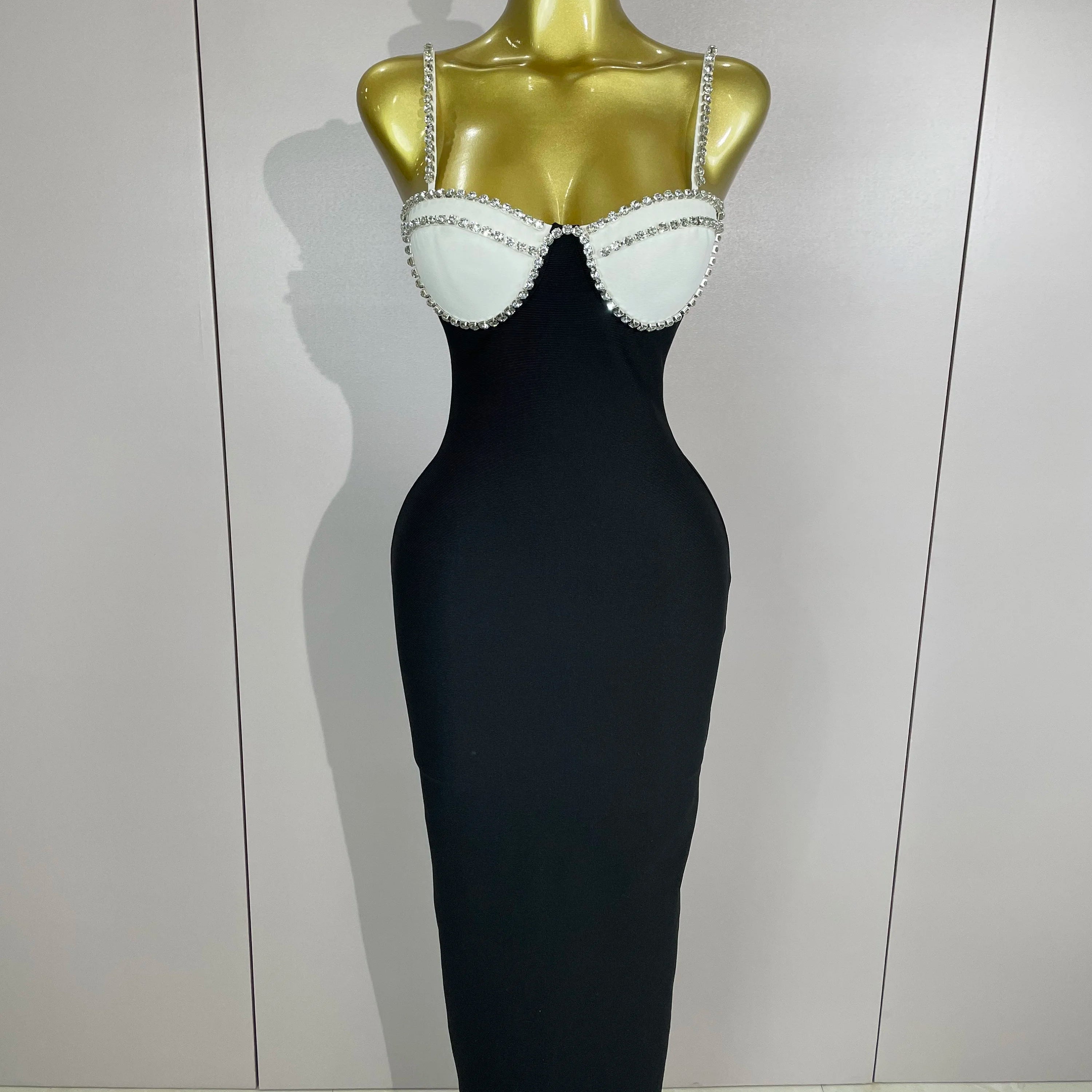 2025 Women Celebrity Sexy Backless Diamonds Patchwork Black Red Maxi Long Bodycon Bandage Dress Elegant Evening Club Party Dress black