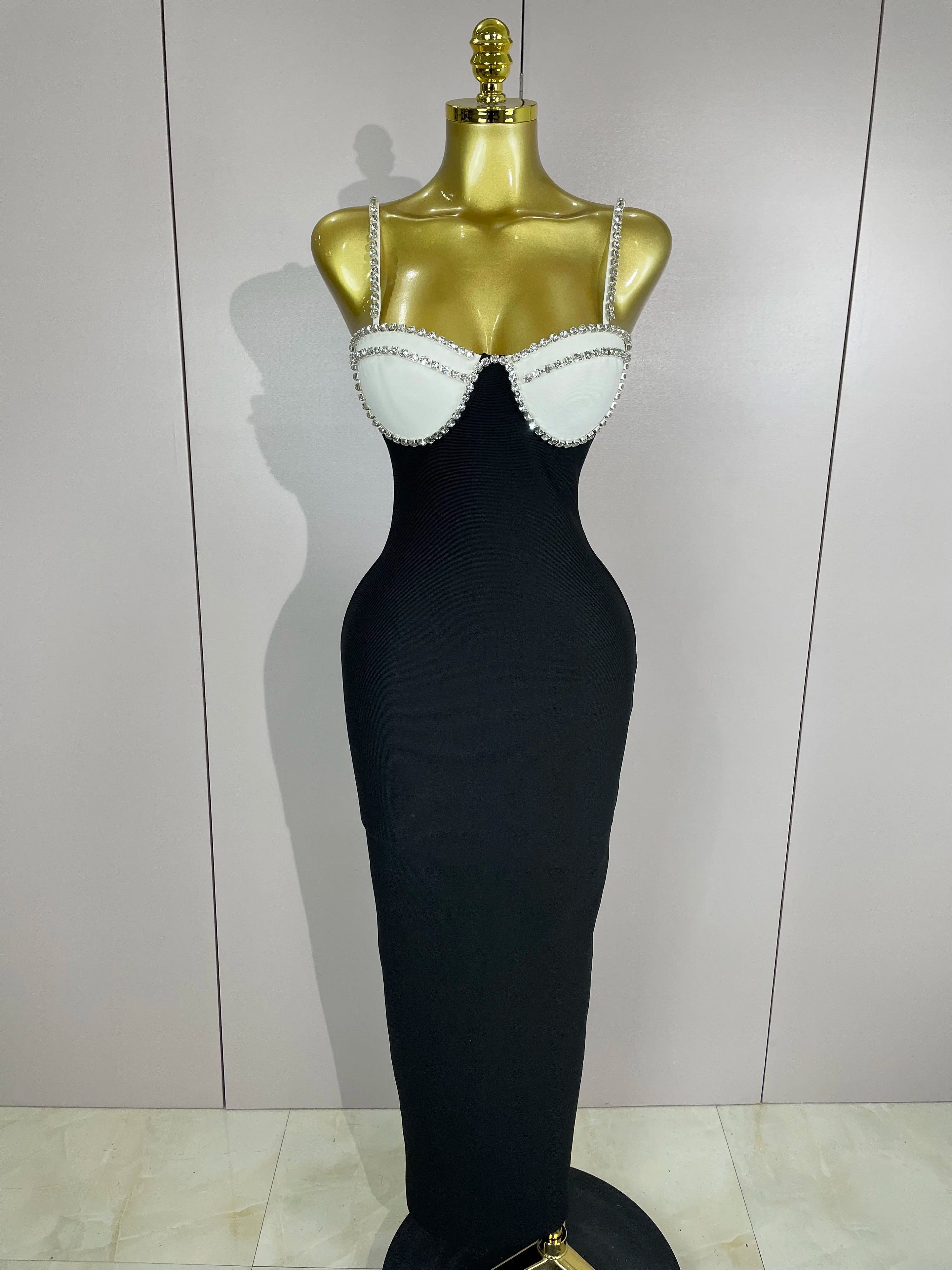 2025 Women Celebrity Sexy Backless Diamonds Patchwork Black Red Maxi Long Bodycon Bandage Dress Elegant Evening Club Party Dress black