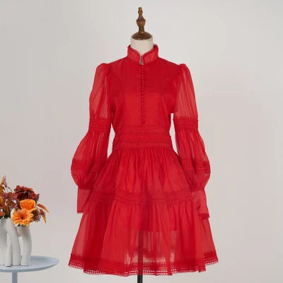Runway Designer Embroidery Lace Patchwork Party Night Dress High Lantern Sleeve Stand A Line Vintage Elegant Dress red