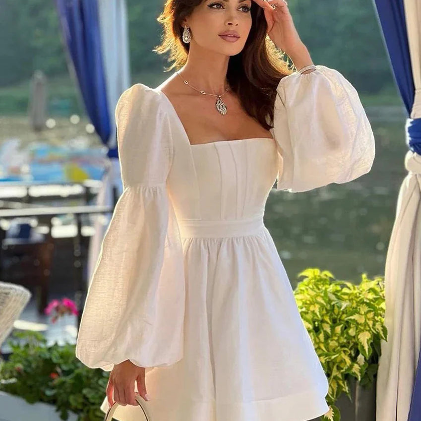 Clacive Sexy Slim White Cotton Dress Lady Fashion Sqaure Collar Puff Sleeve Mini Dress Elegant High Waist Dresses For Women 2024