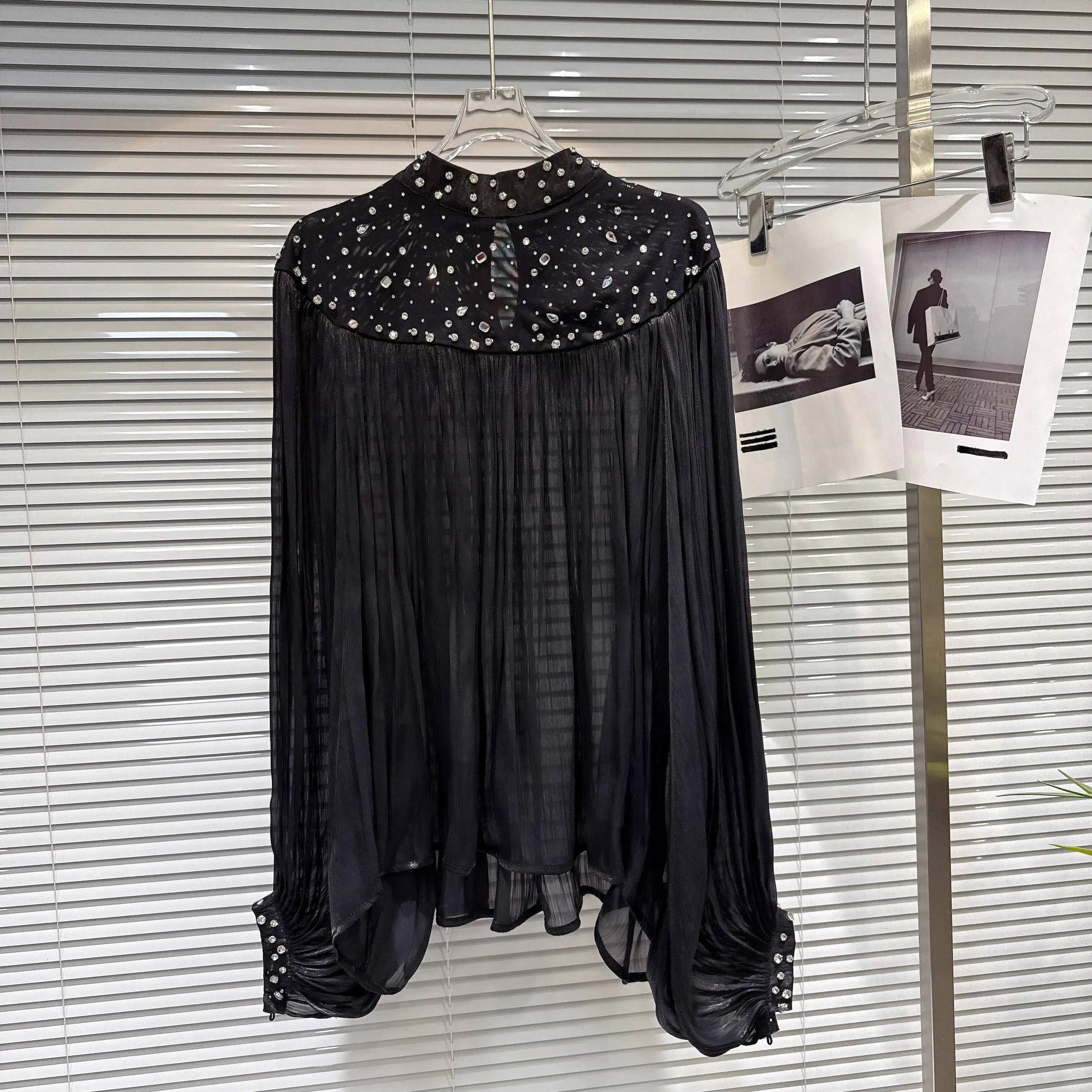 Winter New Fashion Diamond Design Loose Heavy Chiffon Blouse For Women Casual Versatile Shirts Female Trend 11A07689 Black One Size