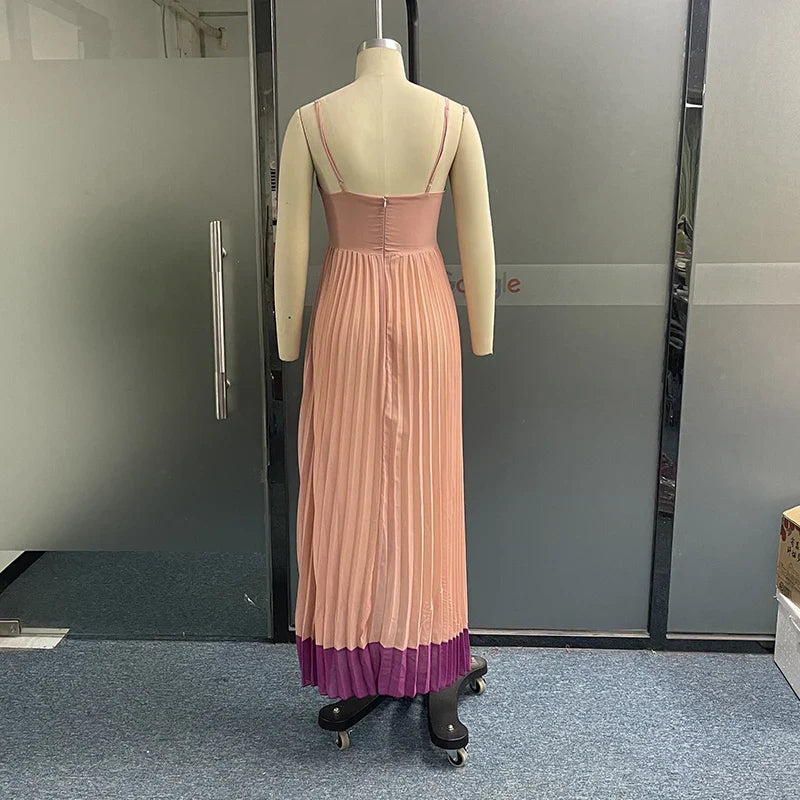 Ellafads Women Maxi Dress Summer Fashion V Neck Nipped Waist Slim Sleeveless Suspender Pleated Irregular Dresses High Streetwear