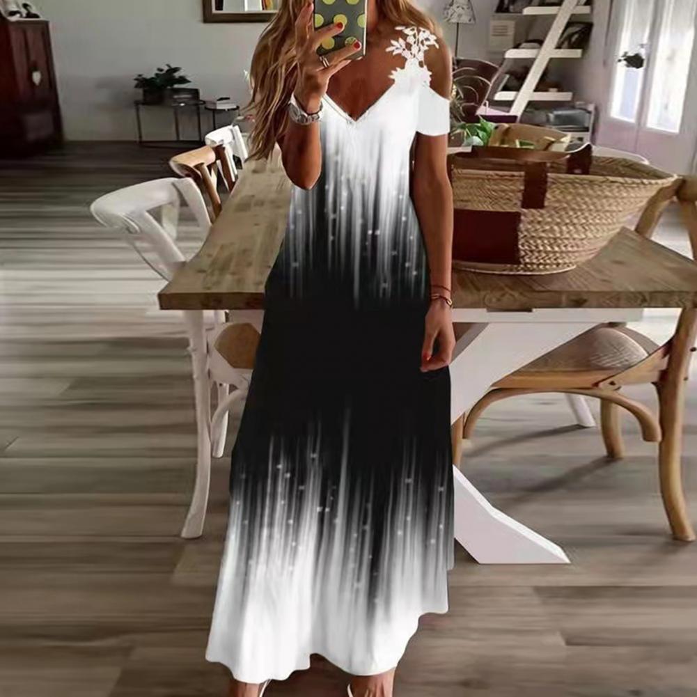 Women Floral Print Maxi Dress Boho Lace Sling Hollow Out A Line Long Dress Ladies Casual Loose V-Neck Beach Party dress Vestidos Style1