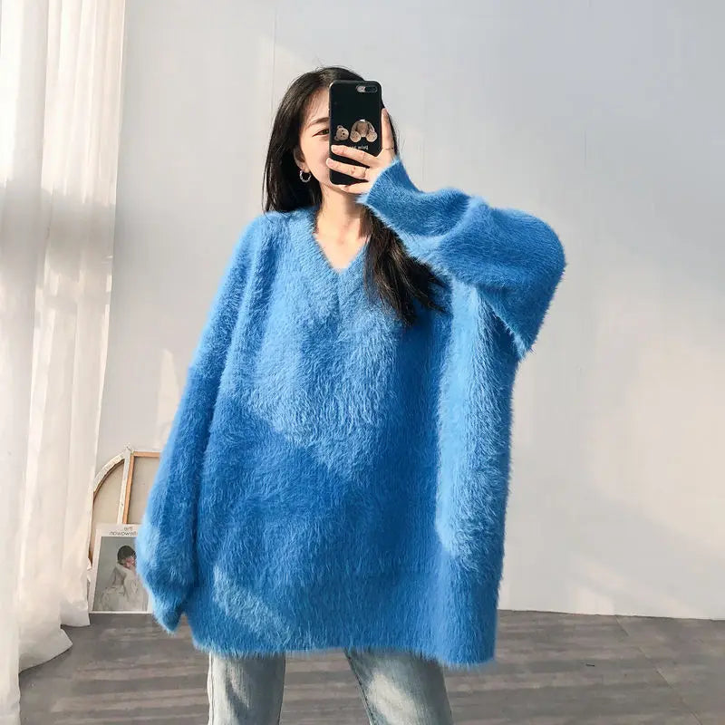 Oversized White Mink Cashmere Knitted Sweaters Loose Fit V-Neck Long Sleeve Women Pullovers Tops New Fashion Autumn Winter 2023 SKY BLUE
