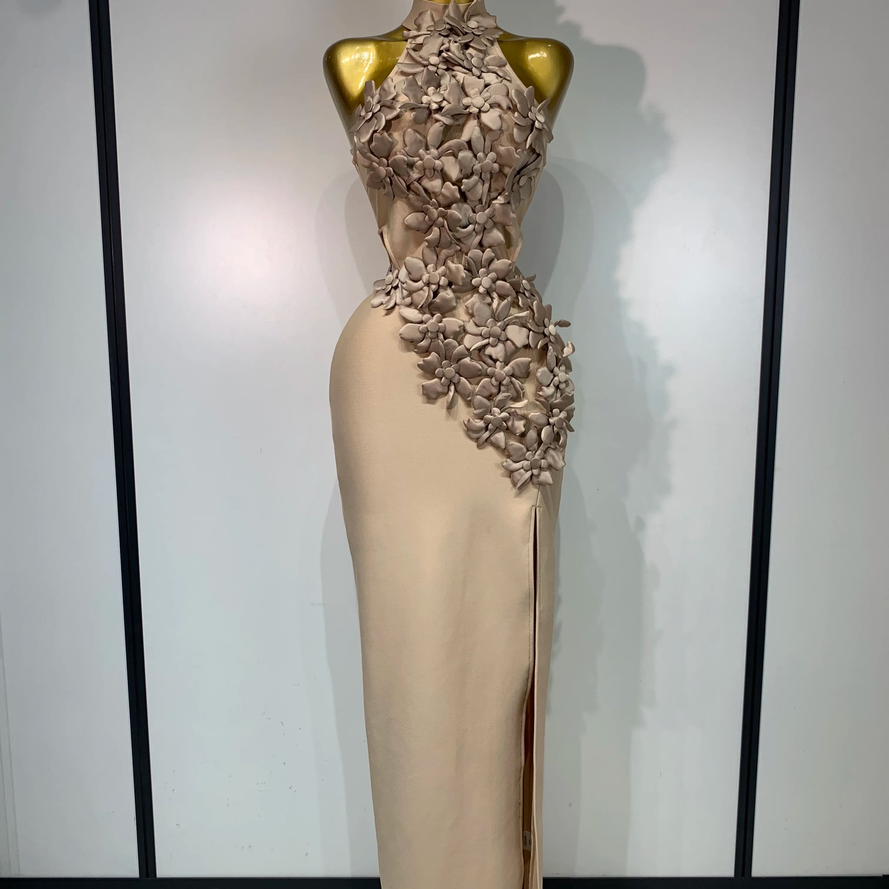 Women Sexy Sleeveless Flower Hollow Out Evening Party Bandage Dresses Red Knitted Bodycon Birthday Wedding Guest Clothing Khaki