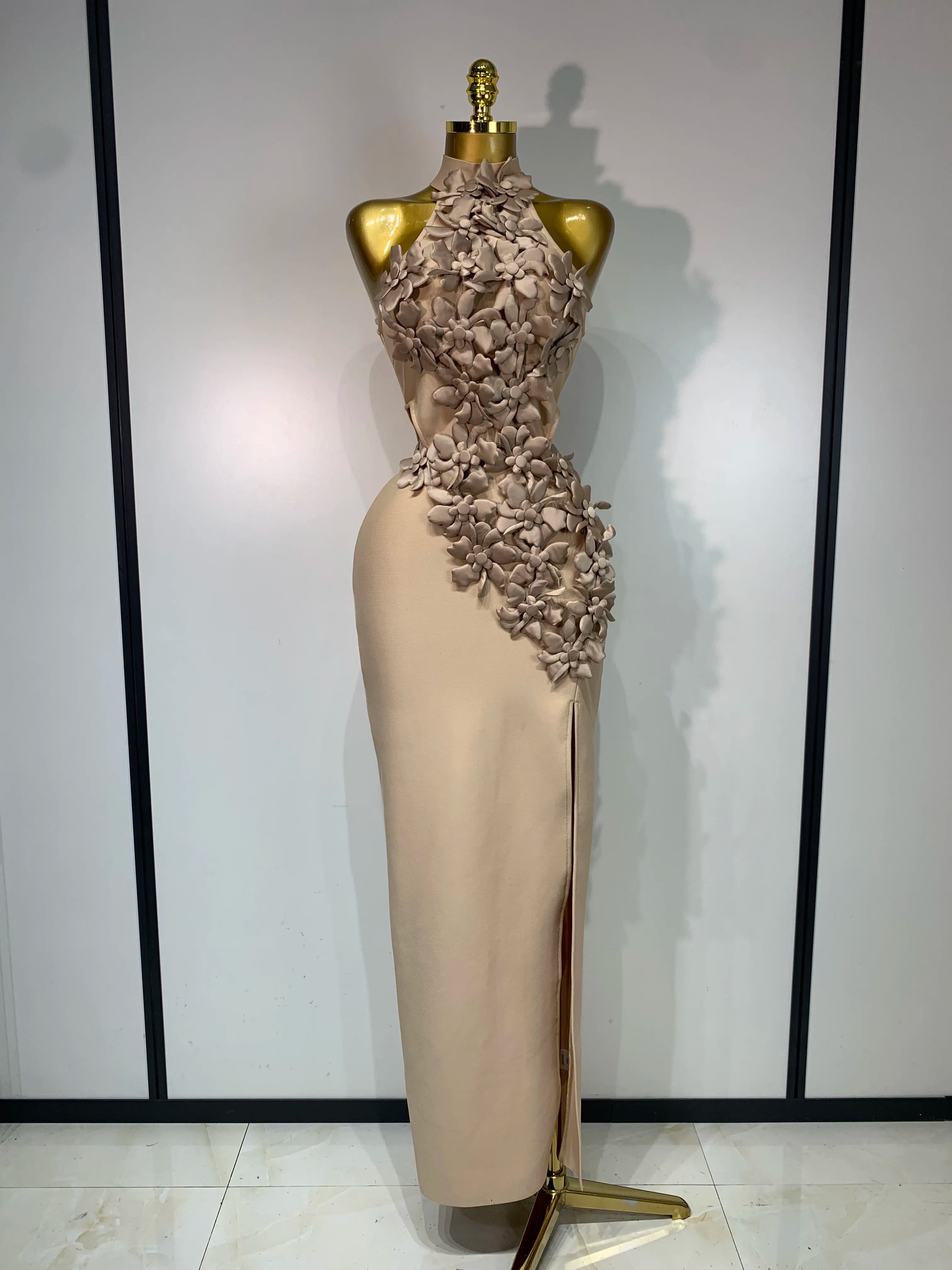 Women Sexy Sleeveless Flower Hollow Out Evening Party Bandage Dresses Red Knitted Bodycon Birthday Wedding Guest Clothing Khaki