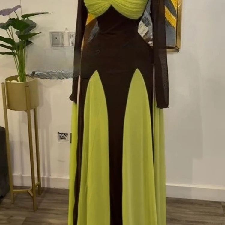 GLCMYAYA Women Long Sleeve Draped Front Midi A-line Patchwork Maxi Long Dress 2025 Vacation Holiday Party Birthday Dresses green