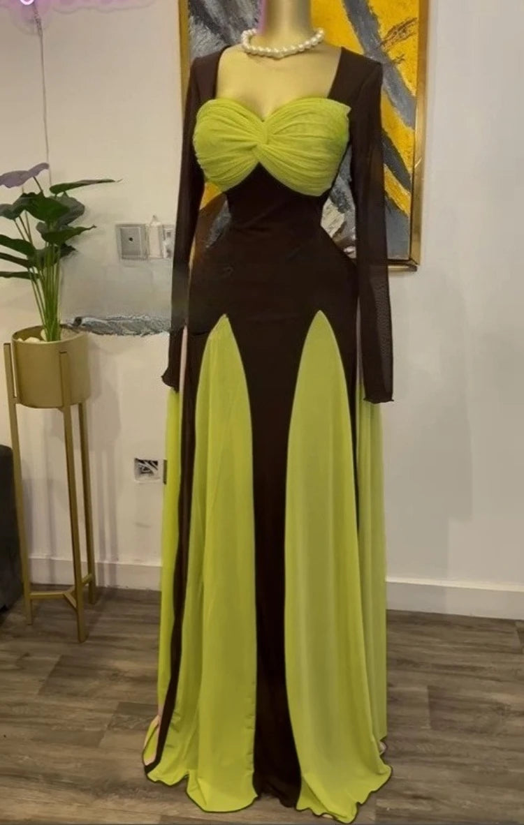 GLCMYAYA Women Long Sleeve Draped Front Midi A-line Patchwork Maxi Long Dress 2025 Vacation Holiday Party Birthday Dresses green