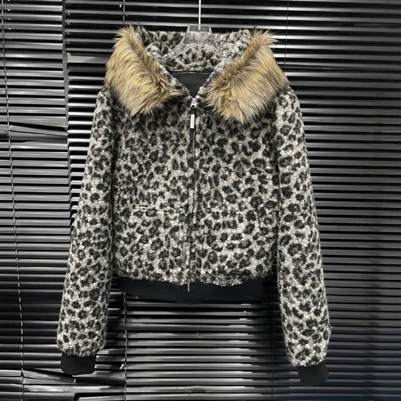 Winter New Leopard Print Lamb Wool Warm Short Coat For Women Elastic Waist Shorts Casual Long Pants Female 11A07616 only Coat